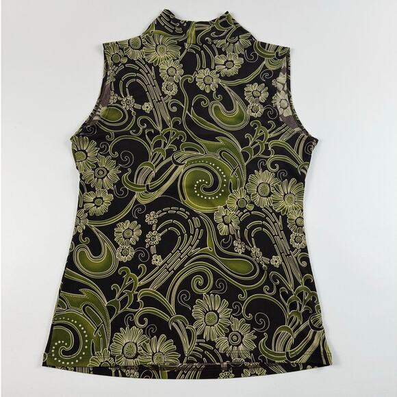 Vintage Y2K Green and Brown Floral Funky Fitted Sleeveless Women's Top - Picture 6 of 6